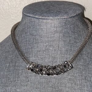 Vintage 90s Rhinestoned Pendant Silver Tone Mesh Chain Necklace